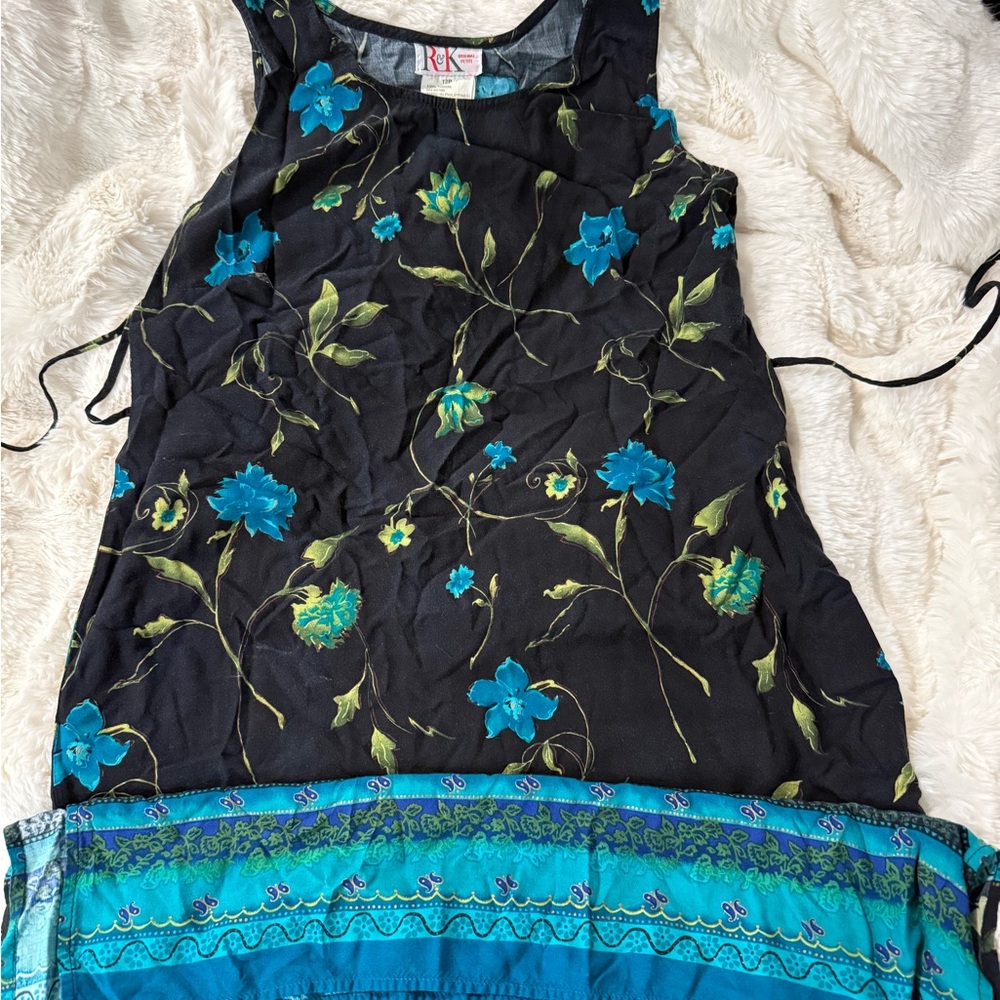 Floral Black and Blue Sleeveless Dress calf length